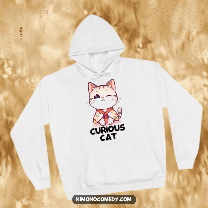 Funny Kawaii cat hoodie, depicts a cat in a whimsical kimono tipping its head with curiosity, comfortable and humorous feline apparel.