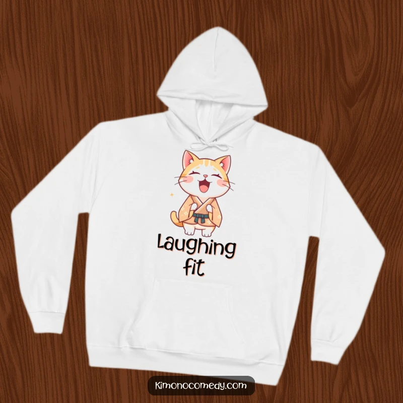 Funny Kawaii cat hoodie, depicts a cat in a formal kimono laughing hysterically, comfortable and humorous feline apparel.