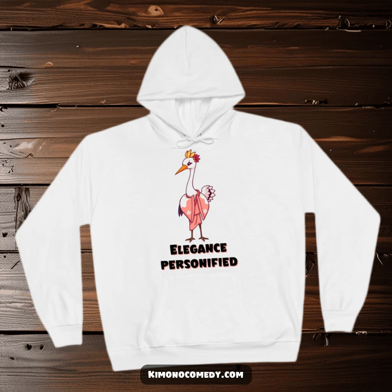 Funny hoodie depicting a graceful kawaii crane in an elegant kimono performing a beautiful bow with a flourish, blending warmth with humor.