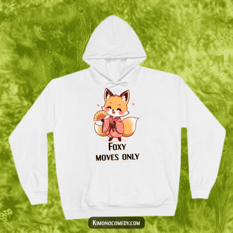 Funny kawaii fox hoodie, showing a fox in a vibrant kimono doing an energetic fan dance, offering warmth and style.