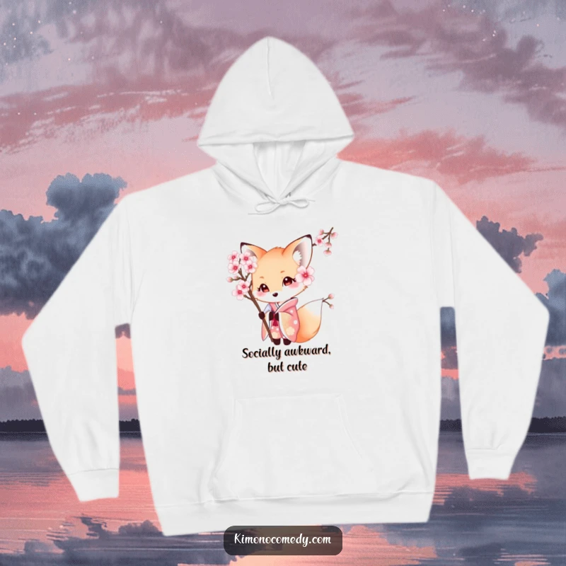 Funny Kawaii Fox Hoodie: Shy character in a beautiful kimono, peeking from behind a cherry blossom, offering cozy comfort and a touch of mystery.