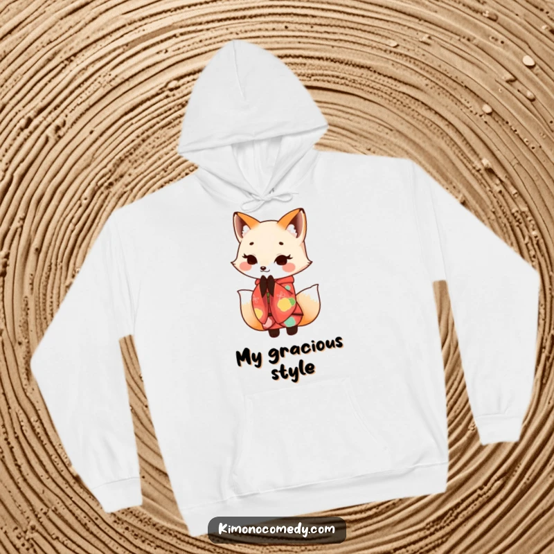 Funny Kawaii fox in a detailed kimono, bowing serenely with a smile, making this hoodie warm and sophisticatedly humorous.