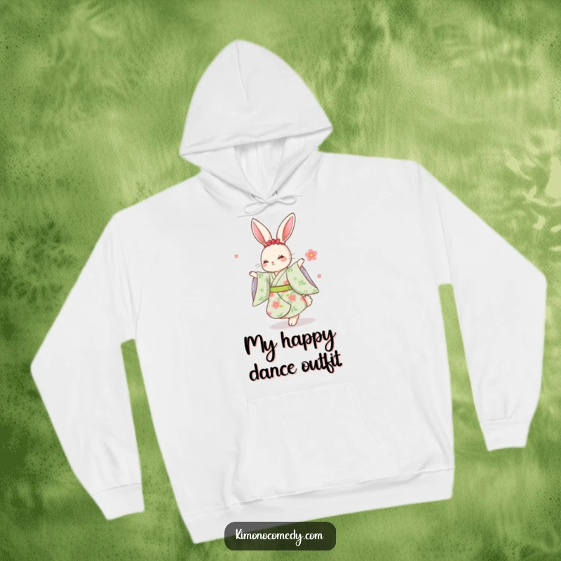 Funny Kawaii Rabbit Hoodie: A cozy hoodie featuring a rabbit in a floral kimono dancing elegantly, a humorous and warm present.