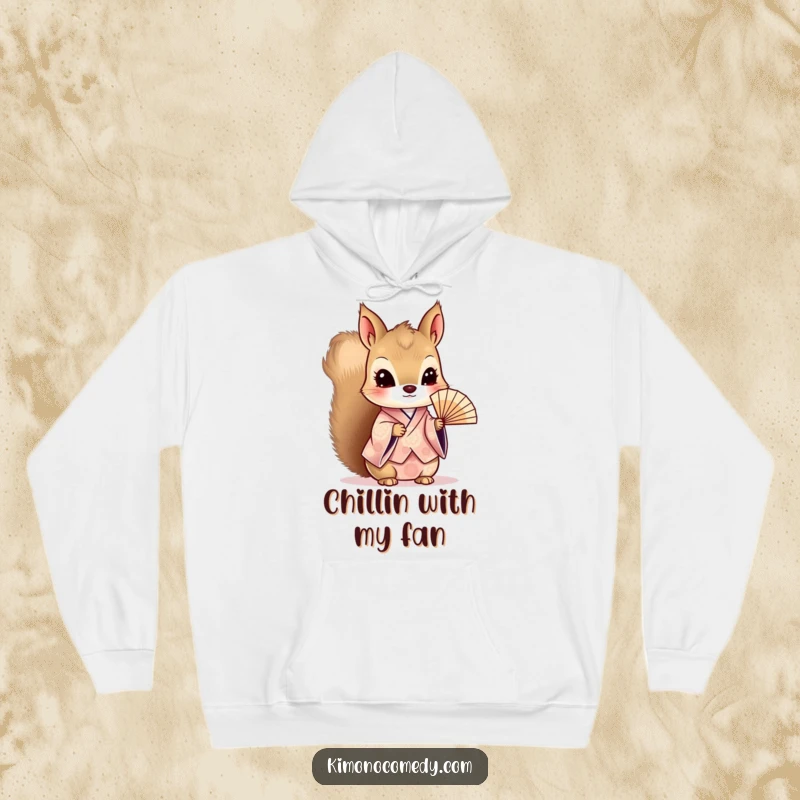 Funny Kawaii Squirrel Hoodie: Curious character in a patterned kimono, holding a delicate fan, offering cozy comfort with charming details.