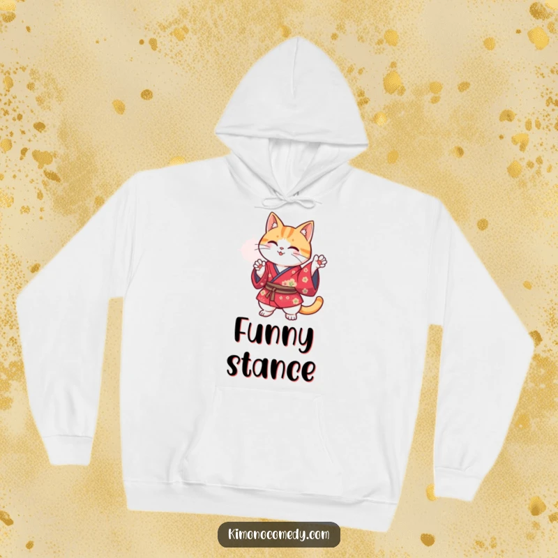 Funny Kawaii cat in a vibrant kimono striking a humorous pose, soft and warm hoodie for a fun and cozy look.