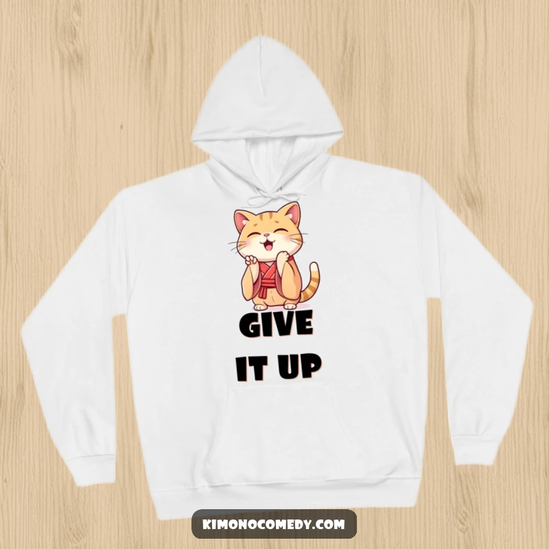 Funny Kawaii cat hoodie, depicts a cat in a silk kimono clapping its paws with excitement, comfortable and humorous feline apparel.
