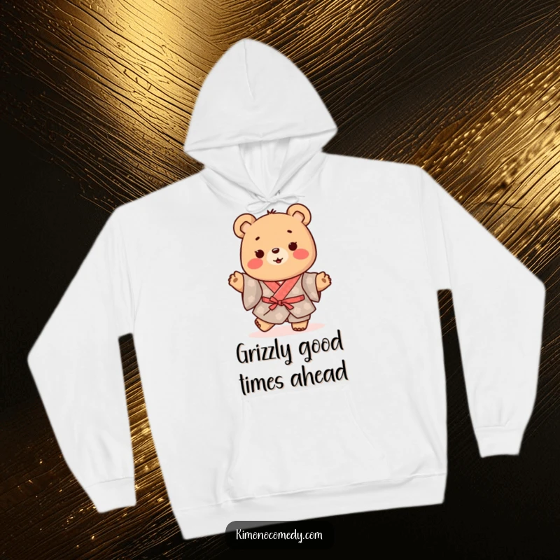 Funny Kawaii Bear Hoodie: Happy character in a traditional kimono, doing a little happy shuffle, offering cozy comfort and cheerful vibes.