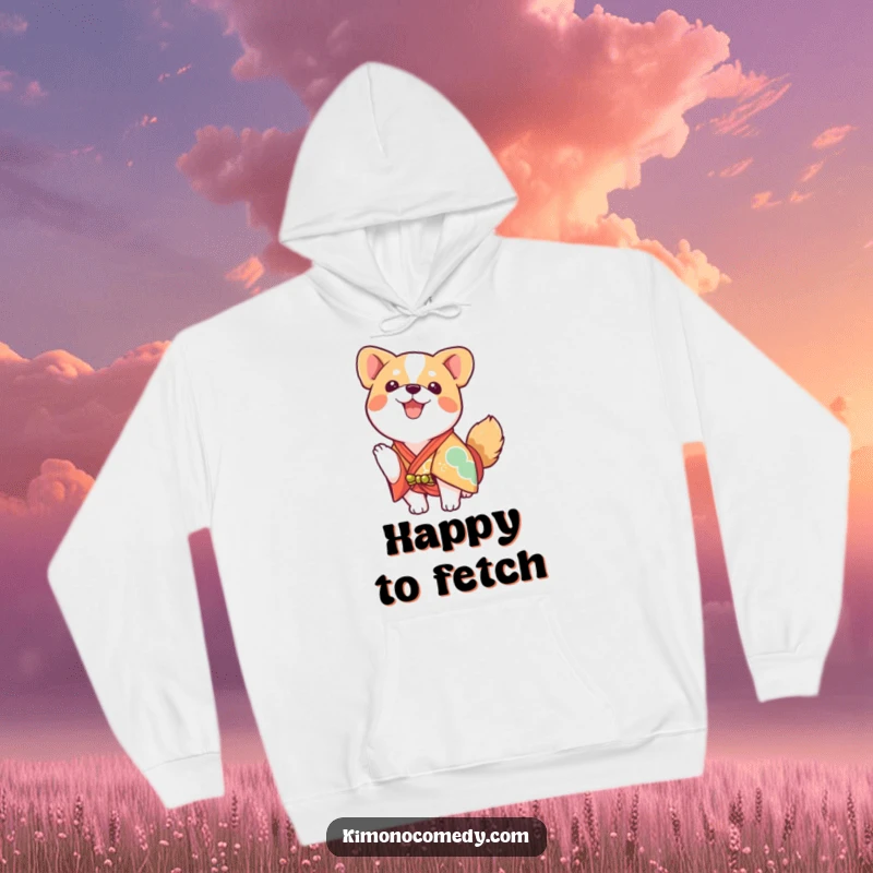 Funny kawaii dog wearing a bright kimono, wagging tail, cozy and warm hoodie.