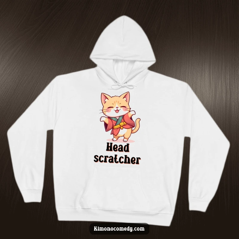 Funny Kawaii cat in a whimsical kimono tipping its head inquisitively, soft and warm hoodie for comfort and contemplation.