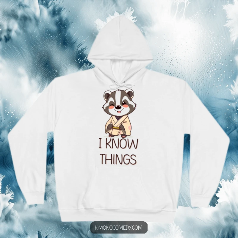 Funny badger in a kimono, smiling and winking, featured on a cozy hoodie for humorous and warm wear.