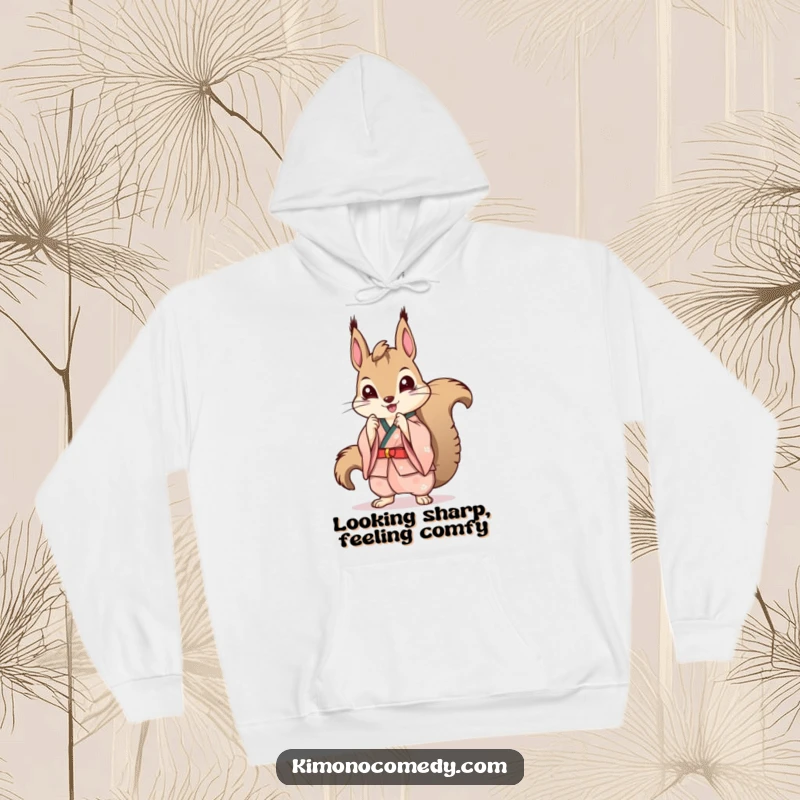 Funny Kawaii Squirrel Hoodie: A cozy hoodie with a squirrel in a stylish kimono striking a pose, a fashionable and humorous item.