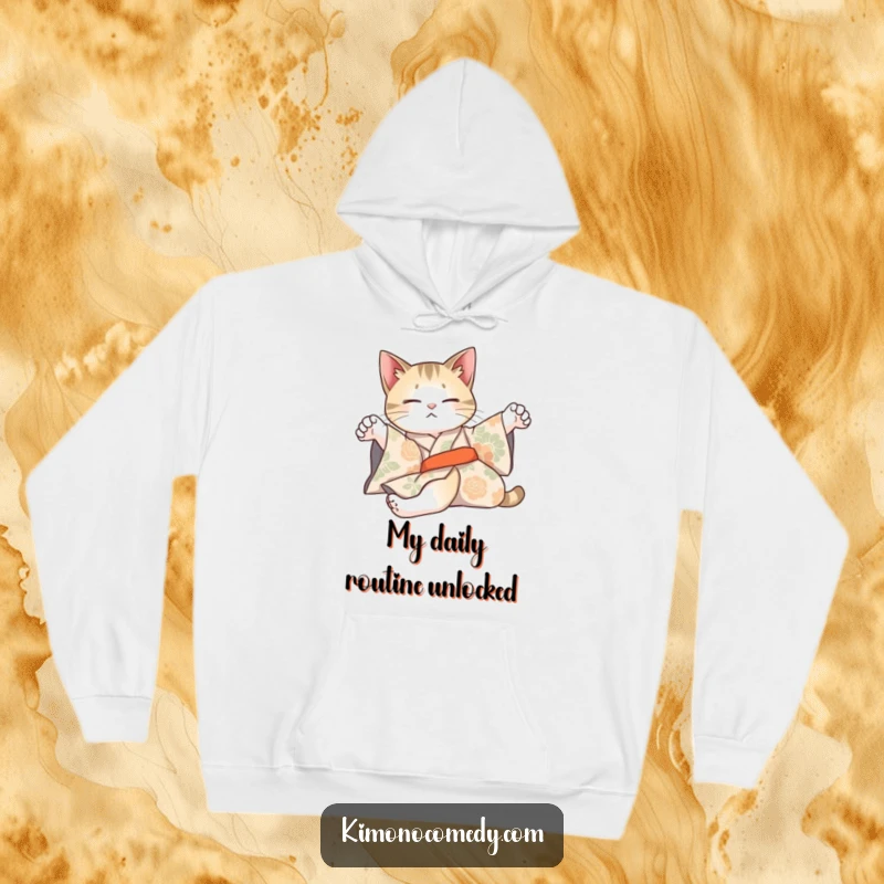 Funny hoodie featuring an artistic cat in a patterned kimono, stretching lazily, offering cozy elegance.