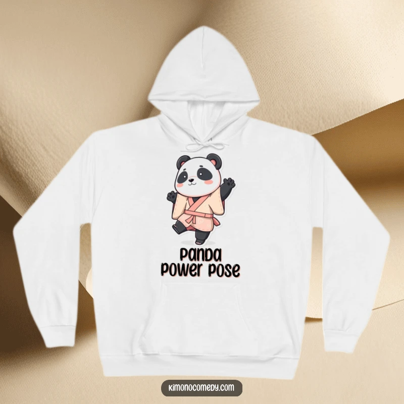 Funny panda hoodie, a panda in a vibrant kimono posing playfully with one leg raised, cozy funny gift.