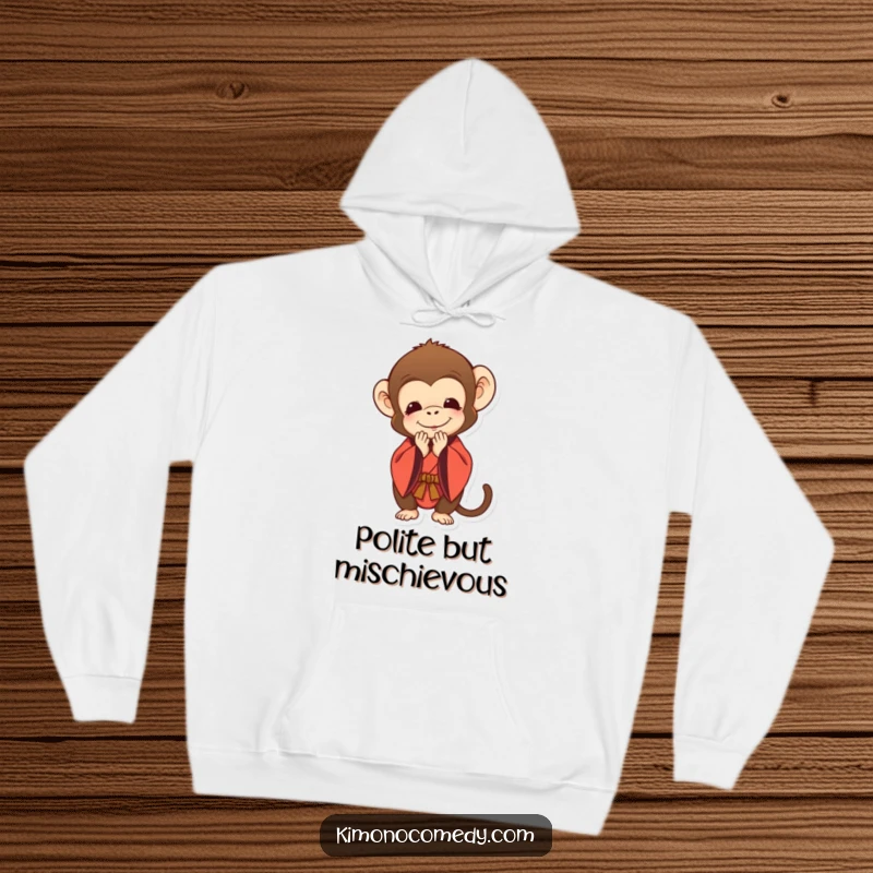 Funny hoodie featuring a monkey in a kimono bowing deeply with a polite smile, offering cozy comfort and respectful humor.