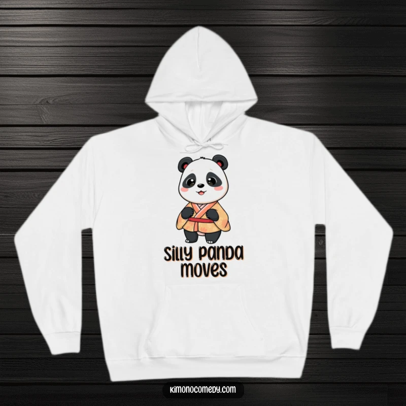 Funny panda in a patterned kimono, doing a comical and cute wiggle. A warm and humorous hoodie.