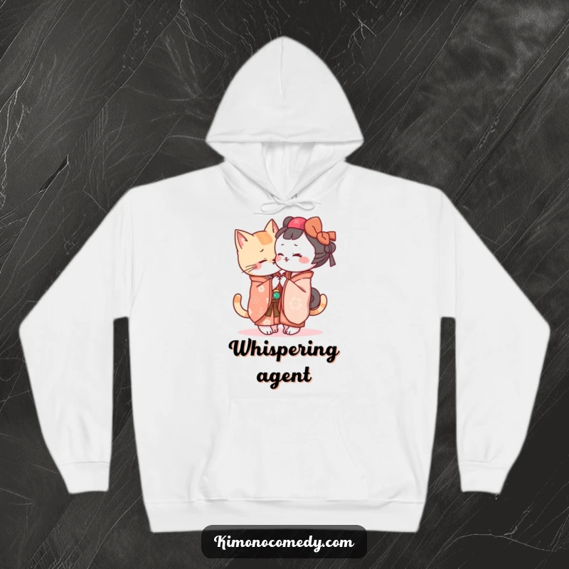 Funny Kawaii cat in a kimono whispering secrets to a friend, soft and humorous hoodie perfect for chilly days and laughter.