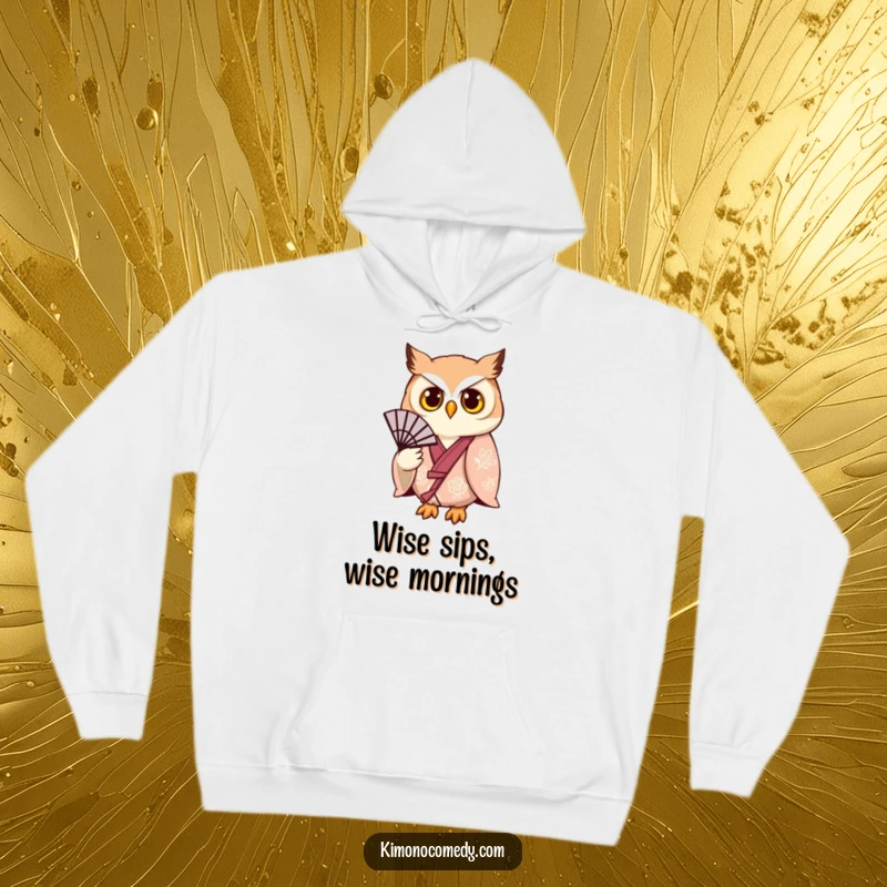Funny owl in a detailed kimono, holding a fan, printed on a cozy hoodie, perfect for stylish and humorous individuals.