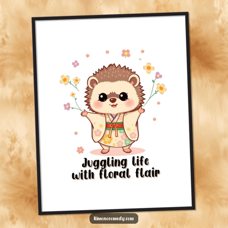 Funny Free Printable Wall Art: A charming hedgehog in a festive kimono, juggling delicate flowers, adds a playful vibe to any room.