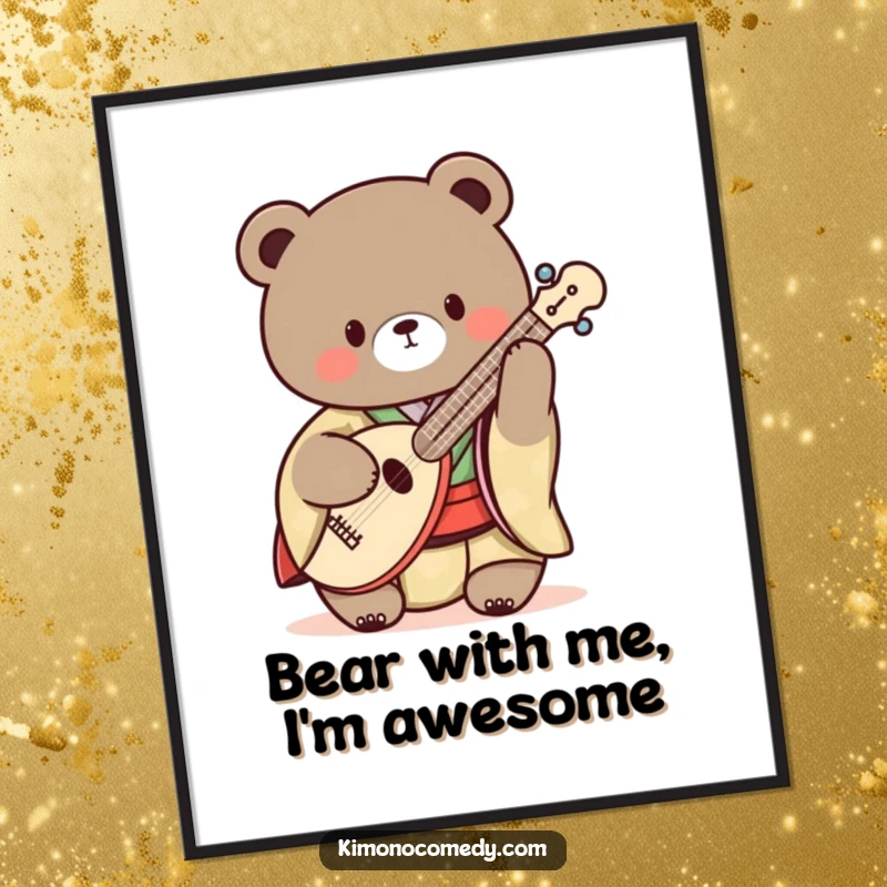 Funny Free Printable Wall Art: Kawaii bear in a traditional kimono playing a shamisen with concentration and joy.