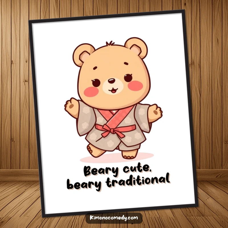 Free Printable Wall Art: Happy kawaii bear in a traditional kimono doing a cute and joyful little happy shuffle.