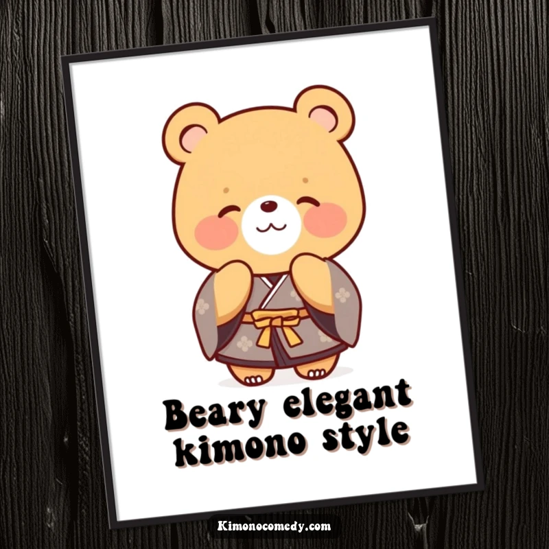 Funny Free Printable Wall Art: A bear dressed in a formal kimono offers a polite bow with a warm, friendly smile.