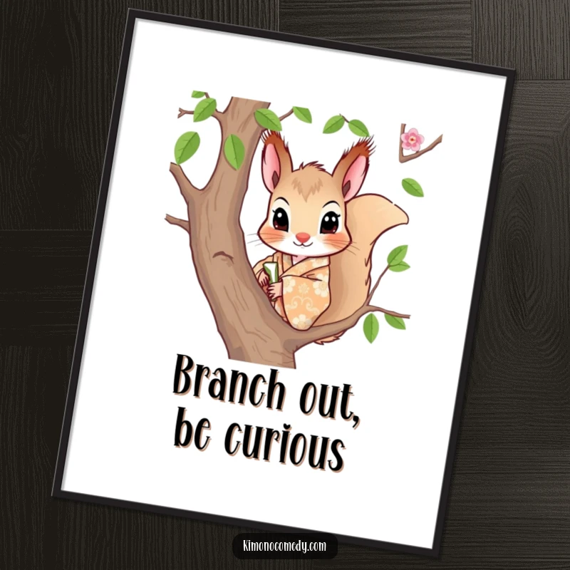 Funny Free Printable Wall Art: A curious squirrel wearing a patterned kimono peeks from a tree branch.