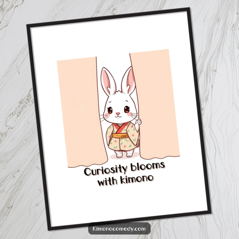 Funny Free Printable Wall Art: Curious kawaii rabbit in a floral kimono peeking from behind a curtain, charming art.