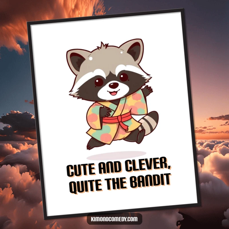 Funny Free Printable Wall Art: A playful raccoon in a vibrant kimono does an excited little hop, full of personality.