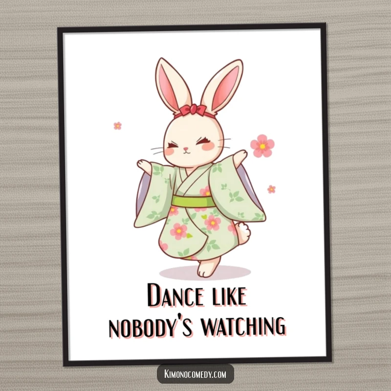Funny Free Printable Wall Art: Kawaii rabbit in a floral kimono, captured mid-dance with an infectious smile.