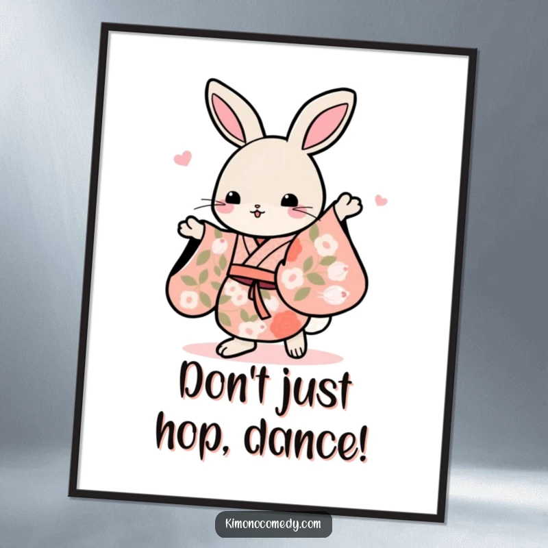 Funny Free Printable Wall Art: A graceful kawaii rabbit in a floral kimono, captured mid-dance with joy.