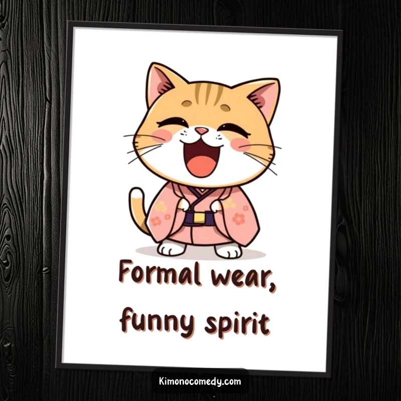 Funny Free Printable Wall Art: A Kawaii cat in a formal kimono is captured in a moment of hilarious, unrestrained laughter.