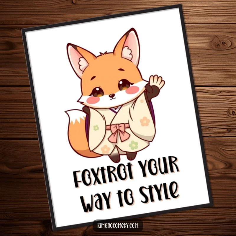 Funny Free Printable Wall Art: a cheerful fox in a flowing kimono waving a friendly greeting.