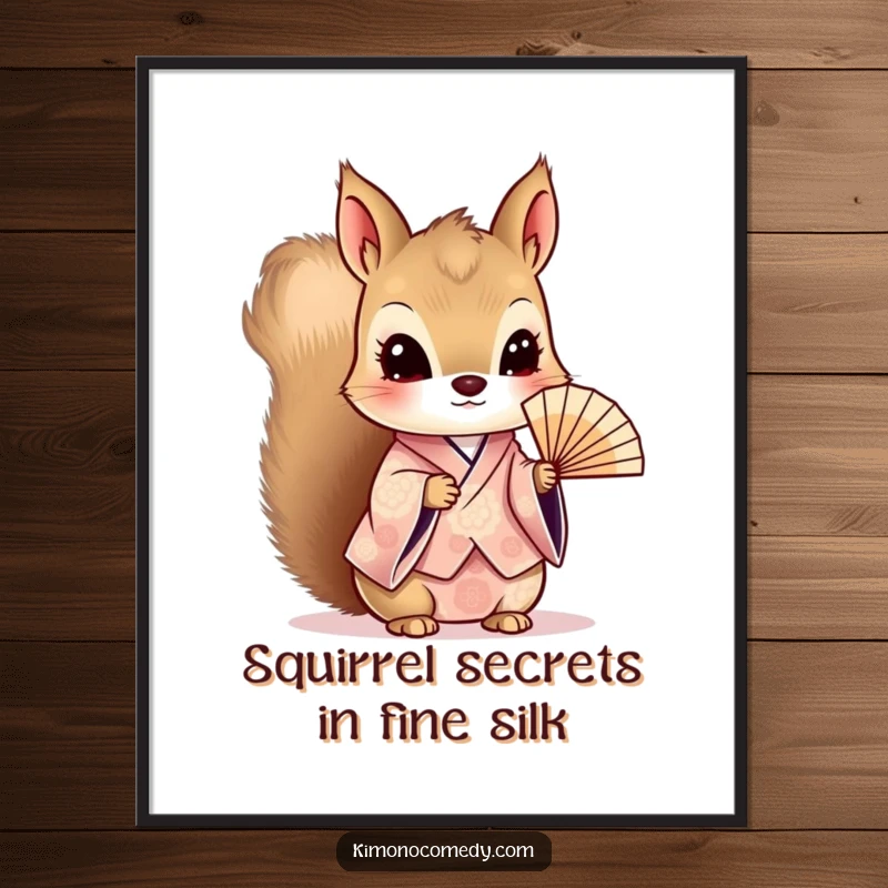 Free Printable Wall Art: Curious kawaii squirrel in a patterned kimono holding a delicate and beautiful fan.