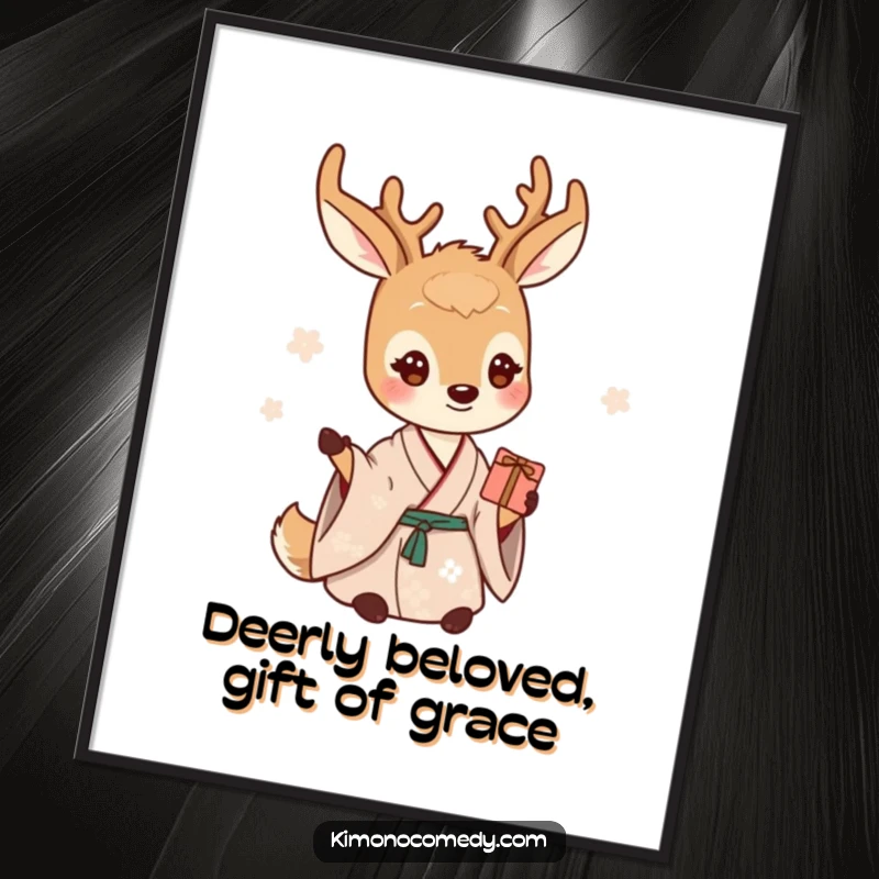 Funny Free Printable Wall Art: A gentle deer in a serene kimono offers a small gift with a warm, inviting smile.