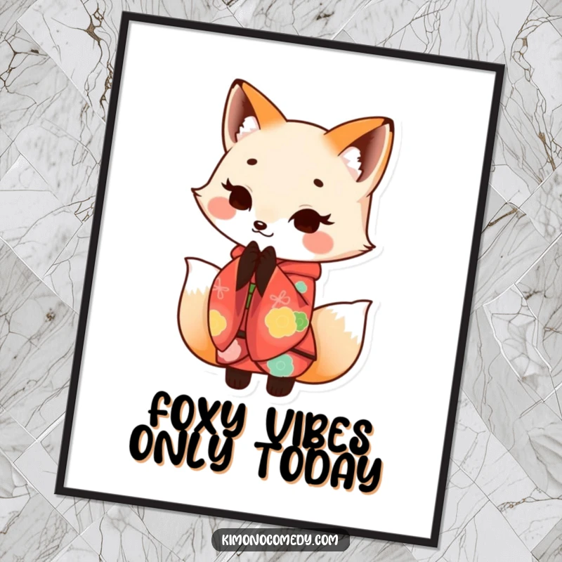 Funny Free Printable Wall Art: A graceful kawaii fox in a colorful kimono, bowing with a gentle smile.