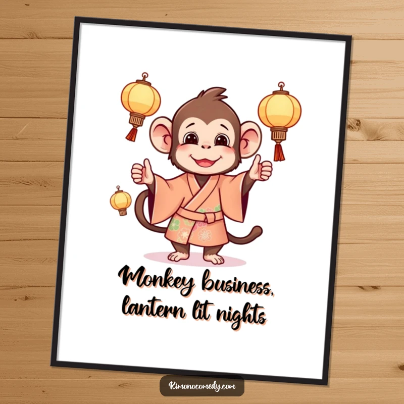 Funny Free Printable Wall Art: A mischievous monkey in a colorful kimono expertly juggles tiny, illuminated lanterns.