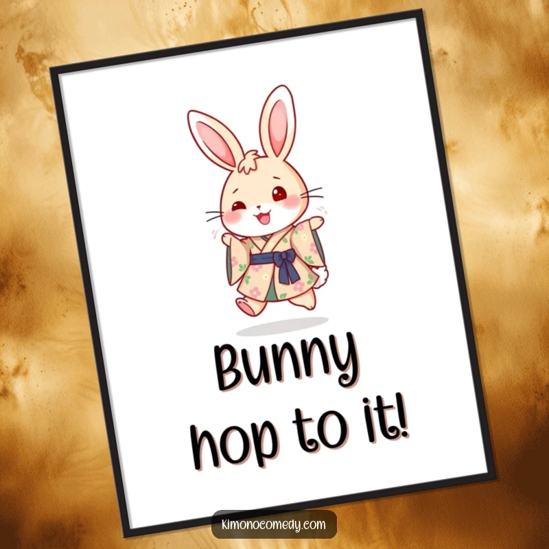 Funny Free Printable Wall Art: A cheerful rabbit in a floral kimono, captured mid-hop with pure joy.