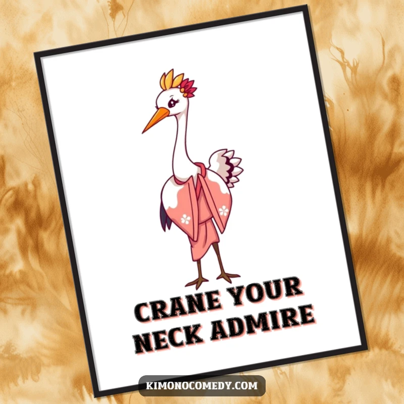 Funny Free Printable Wall Art: Kawaii crane in an elegant kimono, performing a distinguished and humorous bow.