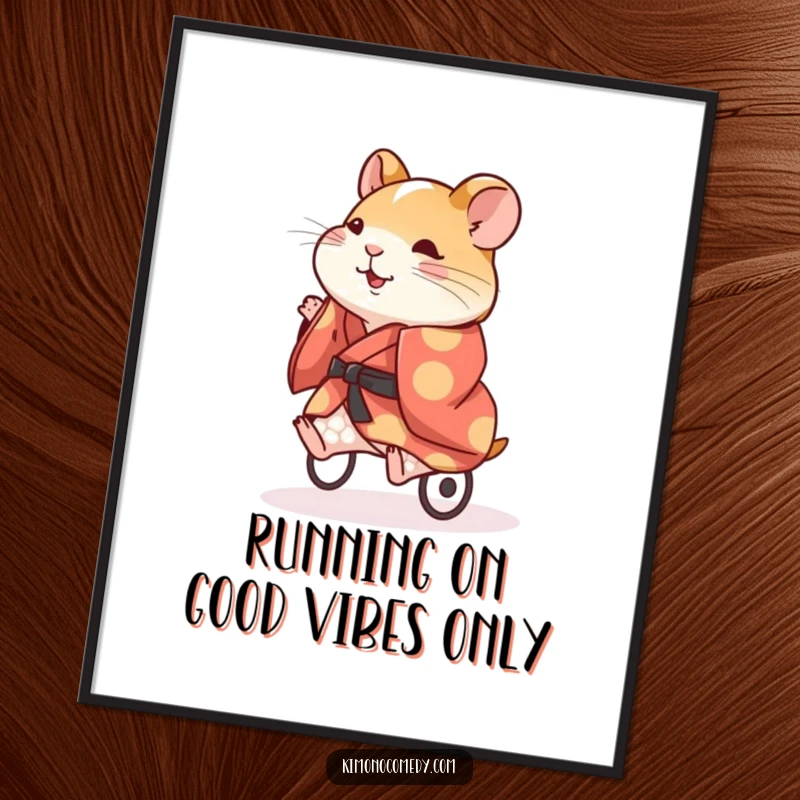 Funny free printable wall art of an energetic hamster in a colorful kimono, sprinting on a tiny running wheel.