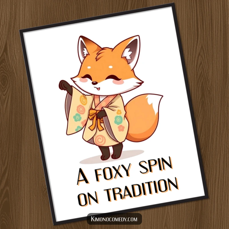 Funny Free Printable Wall Art: A mischievous fox elegantly dressed in a colorful kimono performs a playful pirouette.