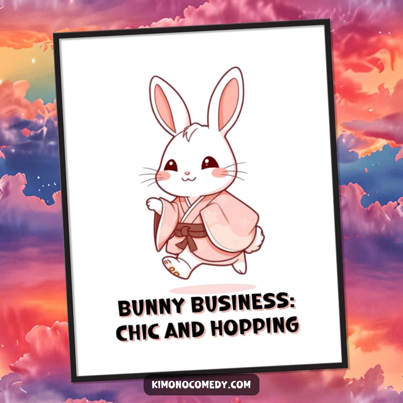Funny Free Printable Wall Art: a joyful rabbit in a detailed kimono captured mid-hop.