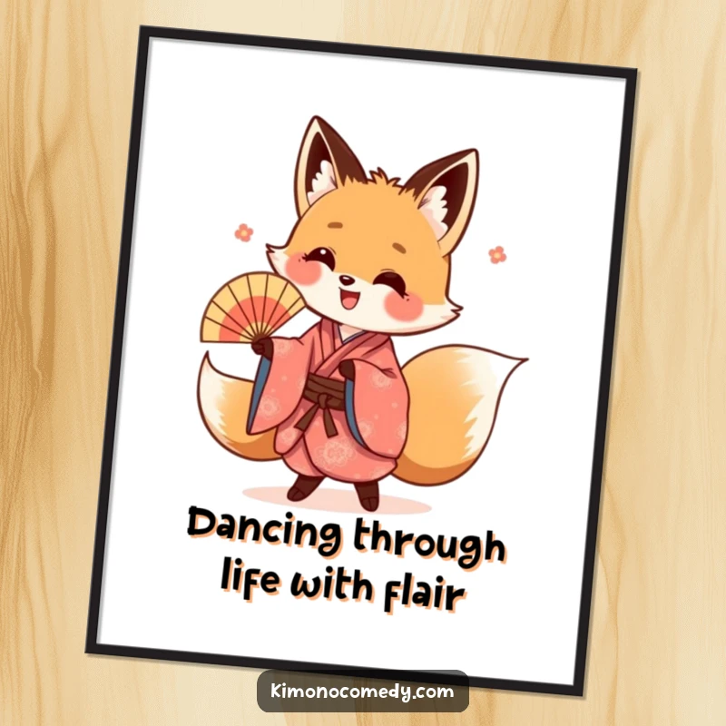 Funny Free Printable Wall Art: A happy kawaii fox in a vibrant kimono performs an energetic fan dance.