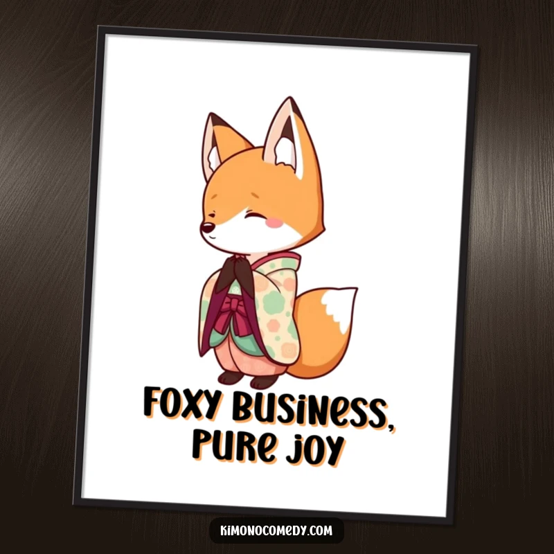 Funny Free Printable Wall Art: Kawaii fox in a vibrant kimono bowing gracefully at the center of the frame.