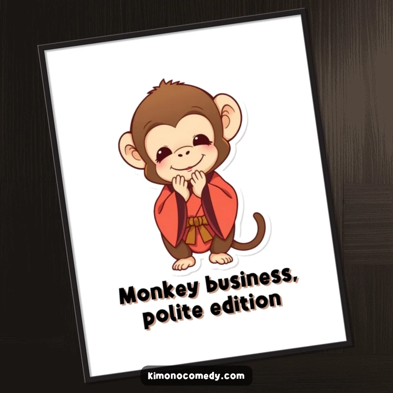 Funny Free Printable Wall Art: A monkey in a traditional kimono bows deeply with a polite and endearing smile.