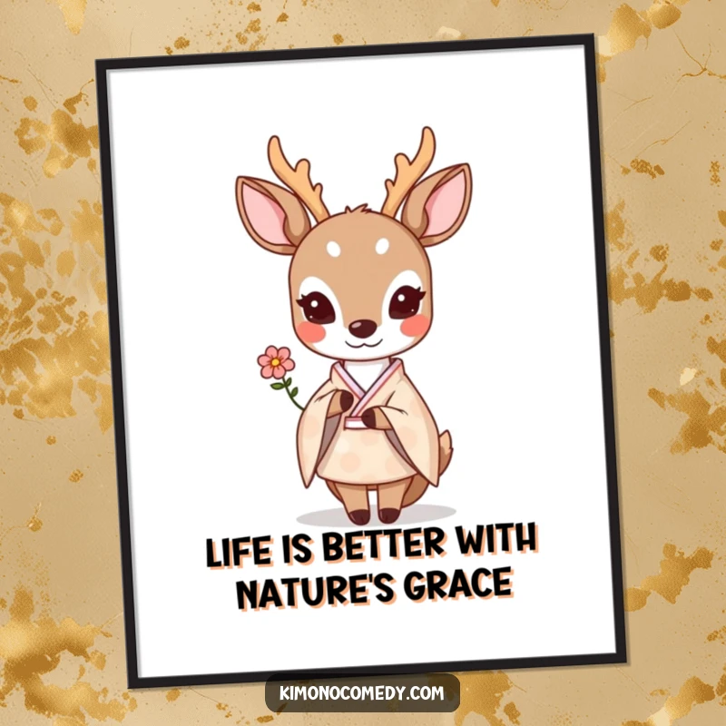 Free Printable Wall Art: A shy kawaii deer in a pastel kimono offers a delicate flower.
