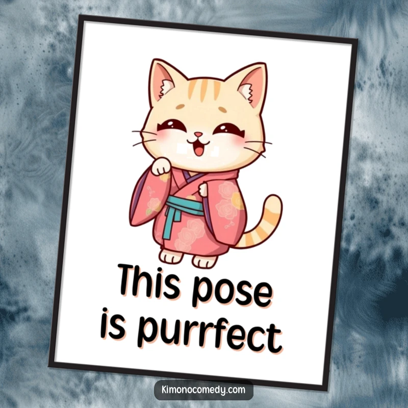 Funny Free Printable Wall Art of a Kawaii cat in a vibrant kimono striking a ridiculously humorous and memorable pose.