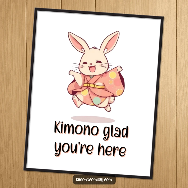 Funny Free Printable Wall Art: A rabbit dressed in a colorful kimono is captured mid-leap, exuding playful energy and joy.