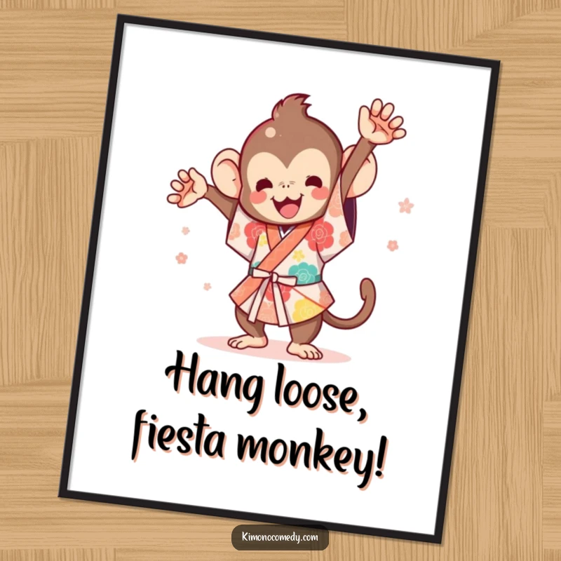Funny Free Printable Wall Art: A dynamic Kawaii monkey in a festival kimono mid-flip, bringing energetic fun to any room.