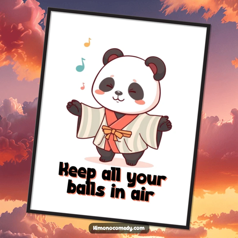 Funny Free Printable Wall Art: Kawaii panda in a striped kimono impressively juggling multiple items.