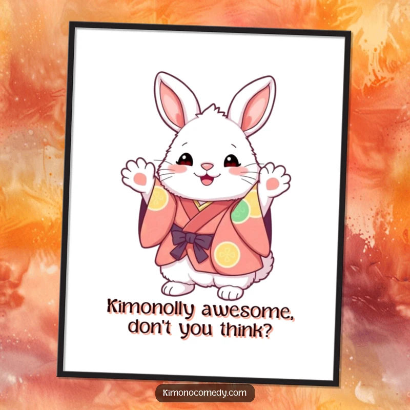Free Printable Wall Art: Adorable fluffy kawaii bunny in a colorful kimono excitedly waving its paws.